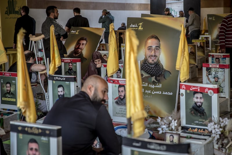 Mourners pictured at a Shia cemetery in Beirut's southern suburbs. Photograph: Sally Hayden