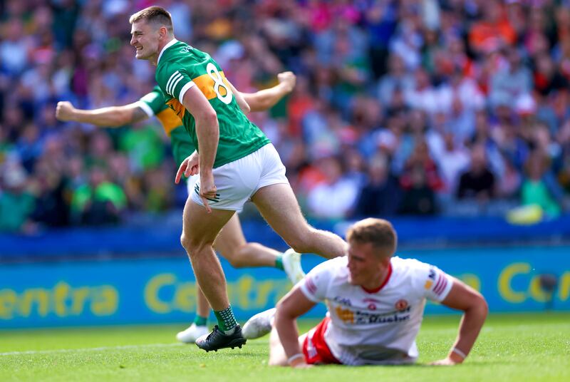 Midfield dynamo: Kerry’s Diarmuid O'Connor celebrates scoring his side's opening goal in the All-Ireland quarter-final at Croke Park in July 2023. File photograph: Inpho