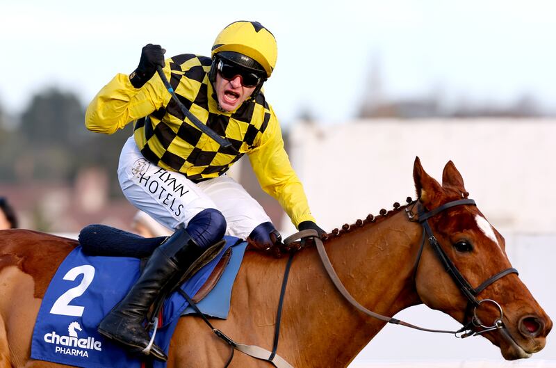 State Man ridden by jockey Paul Townend wins the Chanelle Pharma Irish Champion Hurdle during day two of the Dublin Racing Festival at Leopardstown. Photograph: Lorraine O'Sullivan/PA