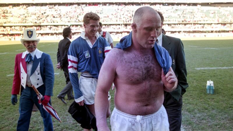 Gary Halpin and Brendan Mullin leave the pitch after the Rugby World Cup quarter-final defeat to France in Durban. Photograph: Billy Stickland/Inpho