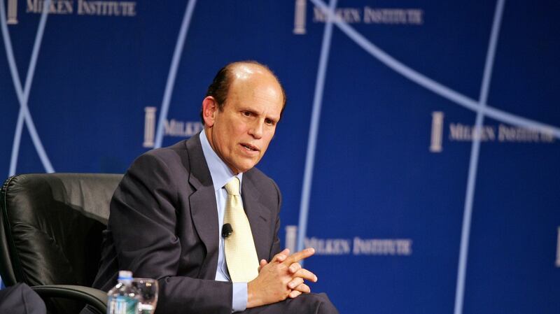 Michael Milken, chairman of the Milken Institute, moderates a panel discussion called “Public Figure Philanthropy” during the 10th Milken Institute Global Conference in Beverly Hills, California.