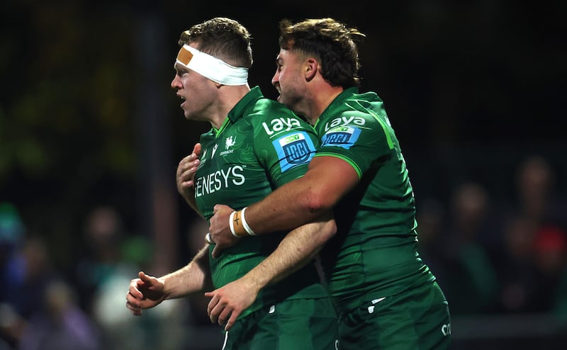 Connacht’s Cathal Forde celebrates scoring a try against Leinster with Shayne Bolton but the western province lost 33-12 to their rivals. Photograph: James Crombie/Inpho