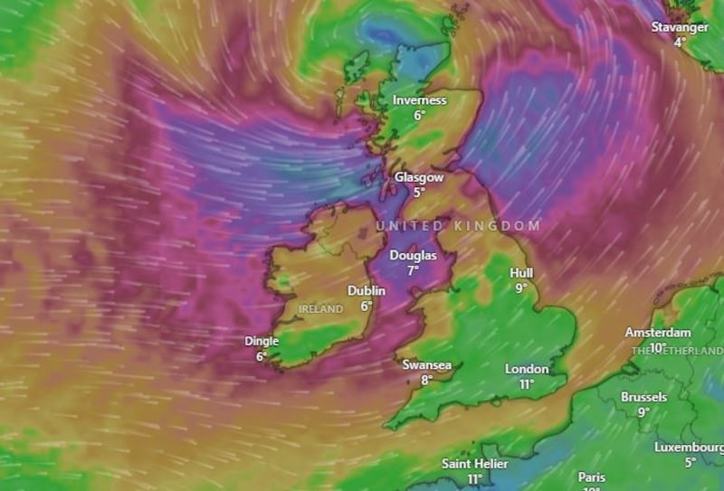 Storm Éowyn: A map shows forecast winds at 2pm on Friday. Image: Windy.com