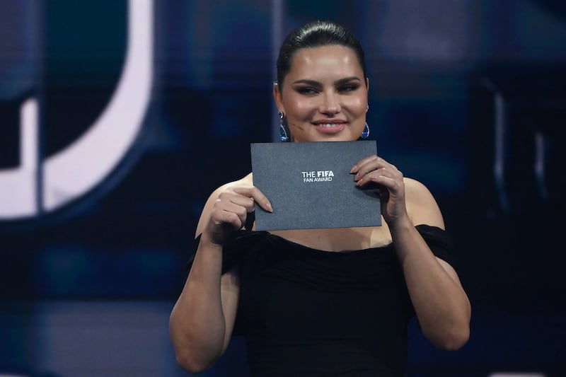 Brazilian model Adriana Lima stands on stage during the Best FIFA Football Awards 2022 ceremony in Paris on February 27th, 2023. Photograph: 2023