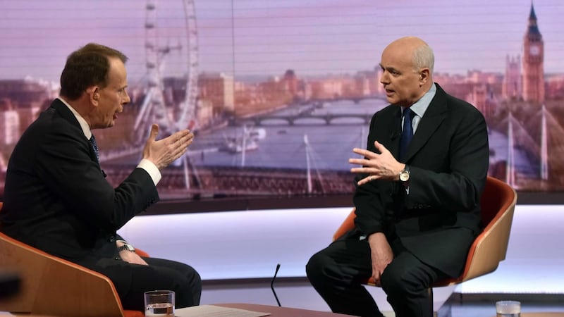 Iain Duncan Smith (right) appears on the BBC’s Andrew Marr show on Sunday. Photograph: EPA