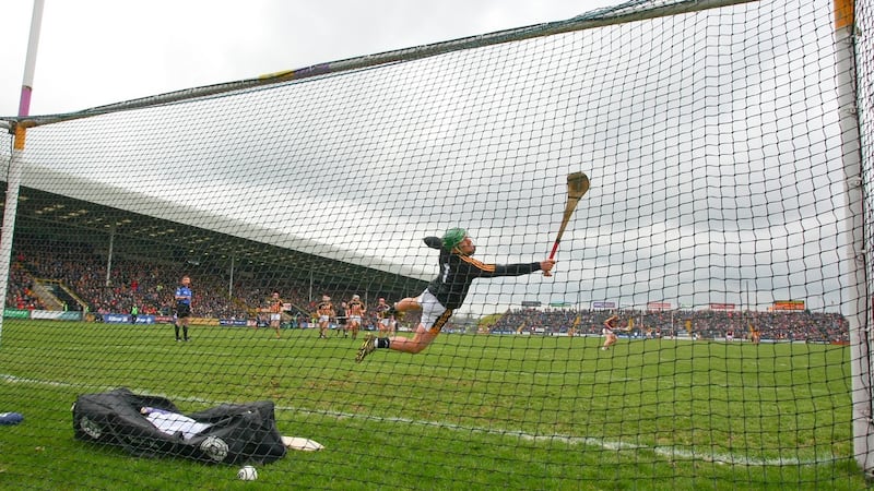 Kilkenny ’keeper Eoin Murphy fails to keep out Aidan Nolan’s penalty at Wexford Park. Photograph: Ken Sutton/Inpho