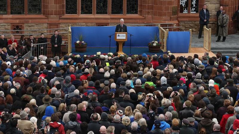 Former US president Bill Clinton  speaking outside  the Guildhall in Derry yesterday. Photograph: Niall Carson/PA Wire