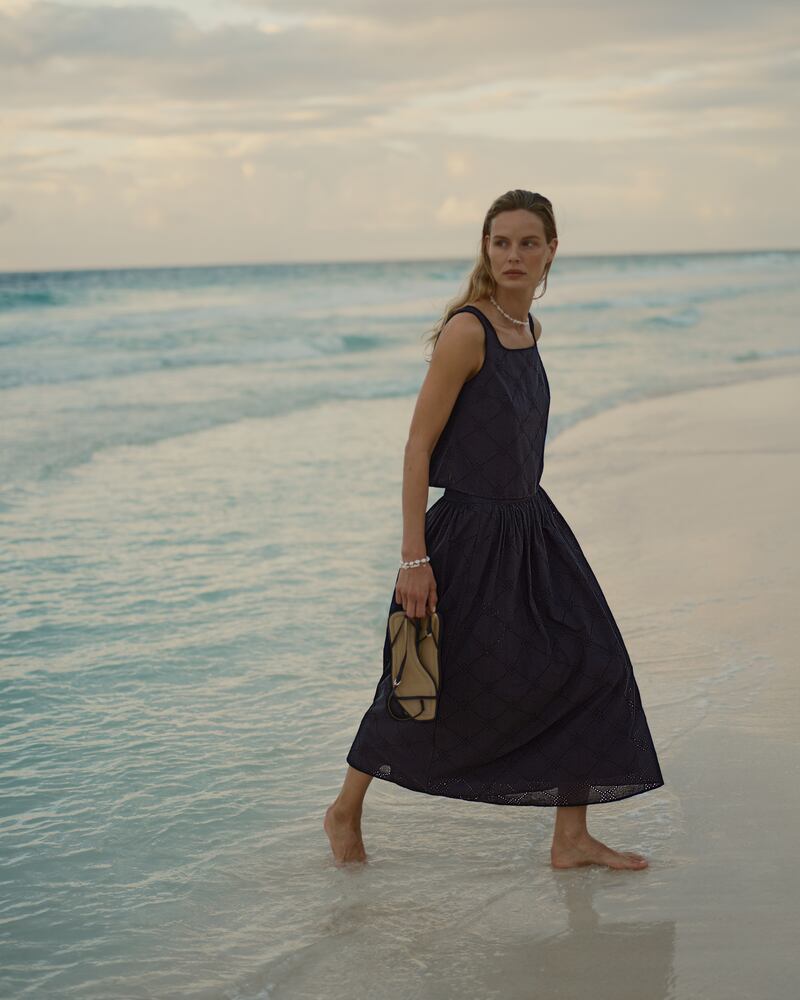 Organic cotton cropped broderie shell top (€103) and organic poplin drawstring waist skirt (€143), The White Company