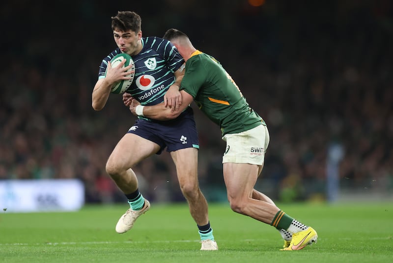 Jimmy O'Brien is tackled by Willie le Roux of South Africa during the Autumn International match at the Aviva Stadium. Photograph: Oisín Keniry/Getty Images