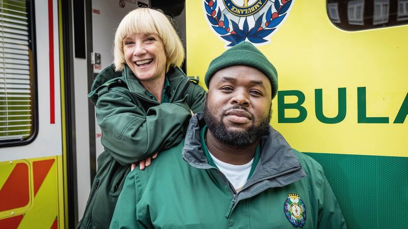 Samson Kayo and  Jane Horrocks  star in comedy series Bloods as paramedic partners in the South London ambulance service. Photograph: Sky UK