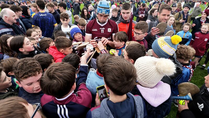 Galway’s Conor Cooney signs autographs after their Leinster SHC Round 3 game against Kilkenny at Pearse Stadium last Sunday. Photograph: Laszlo Geczo/Inpho