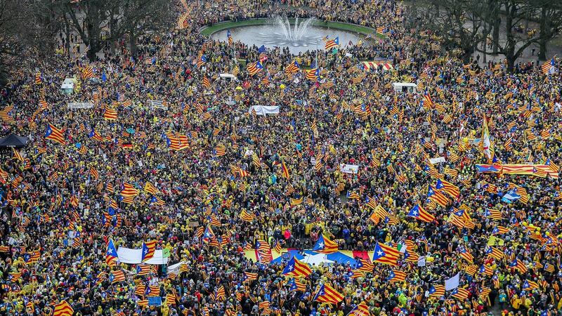 Thousands of supporters of Catalan independence rally in Brussels on Thursday. Photograph: Stephanie Lecocq/EPA