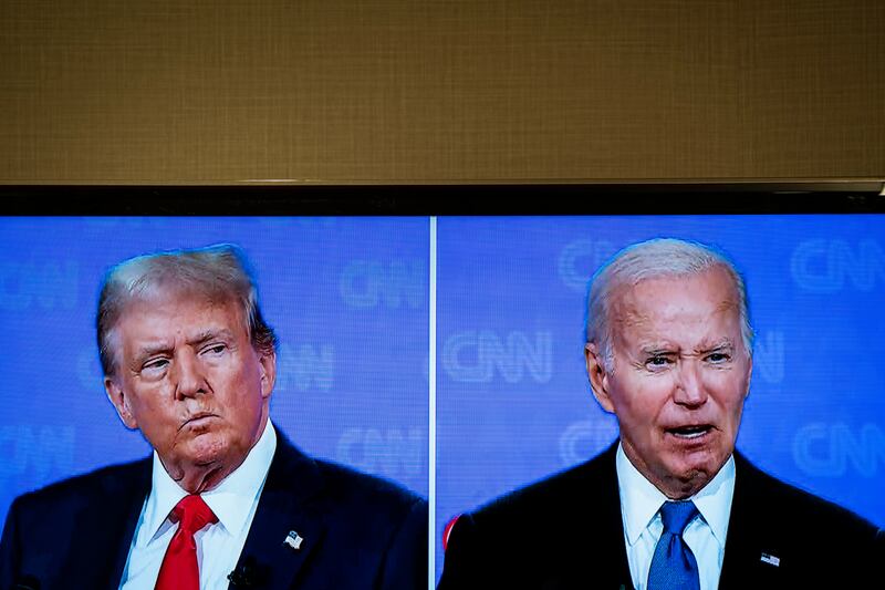 
A video monitor in the press room shows former US president Donald Trump and President Joe Biden during their 2024 presidential election debate at CNN headquarters in Atlanta. Photograph: Haiyun Jiang/New York Times
                      