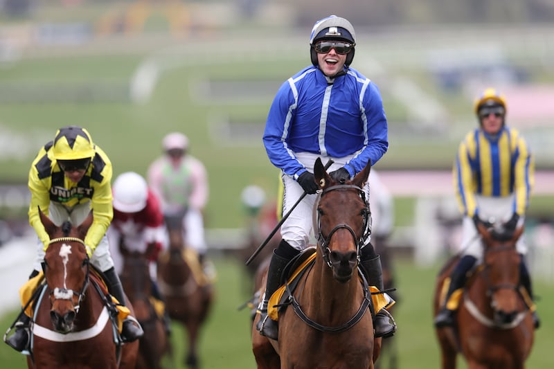 Jonjo O'Neill Jr riding Poniros celebrates winning the JCB Triumph Hurdle on day four of the Cheltenham Festival. Photograph: Michael Steele/Getty Images