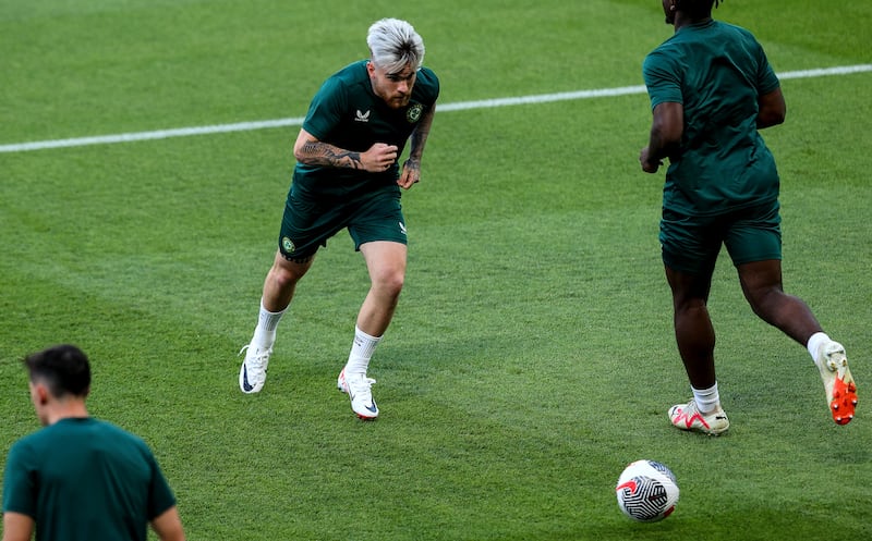 Aaron Connolly of Ireland training at the Parc des Princes ahead of the crunch Euro 2024 qualifier with France. Photograph: Ryan Byrne/INPHO