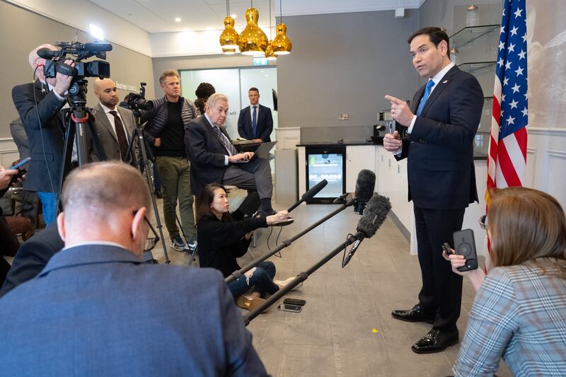 US Secretary of State Marco Rubio speaks to the media during a refueling stop at Shannon Airport in Shannon. Photograph Saul Loeb/AFP