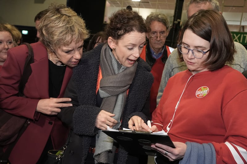 Labour Party leader Ivana Bacik (left) with candidate Marie Sherlock (centre)  as the election count continues at the RDS Simmonscourt. Photograph Brian Lawless/PA Wire