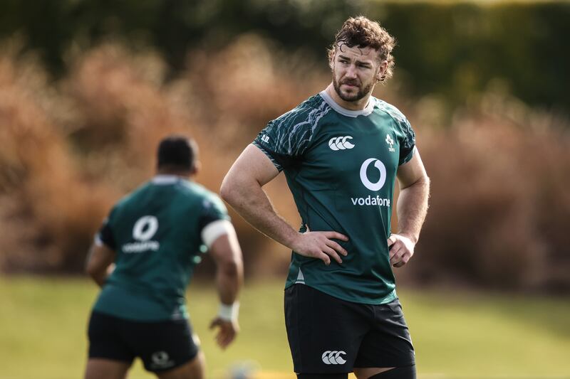 Ireland captain Caelan Doris during a training session in Quinta do Lago, Portugal ahead of the opening round of the 2025 Six Nations. Photograph: Ben Brady/Inpho