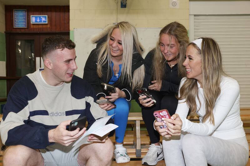 Chris Brady, Kirsty Brooks, Abbie O'Kelly and Mia Gilligan gathered after getting their results and Debs tickets. Photograph: Laura Hutton