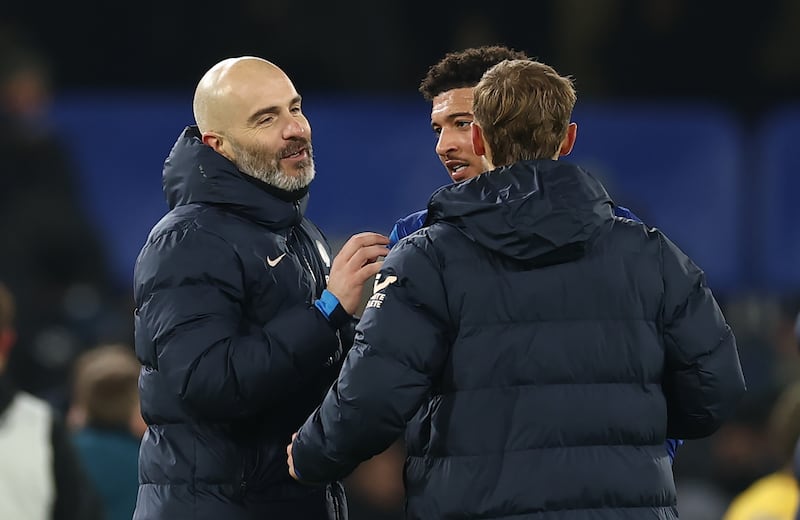 Enzo Maresca, Chelsea manager with Jadon Sancho and Kieran Dewsbury-Hall following last week's victory over Wolves at Stamford Bridge. Photograph: Bryn Lennon/Getty Images