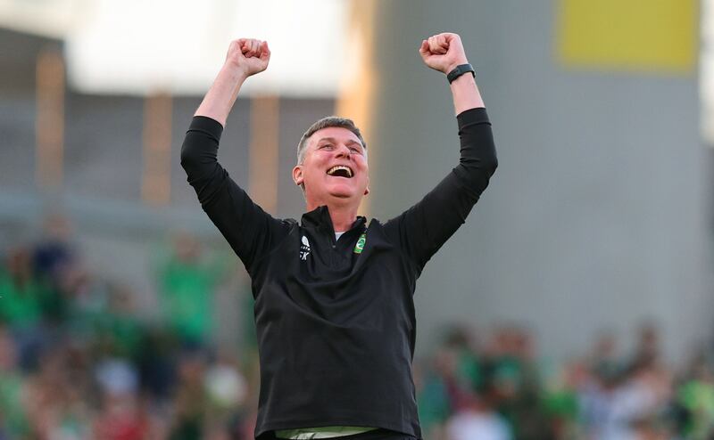 Ireland manager Stephen Kenny celebrates Evan Ferguson scoring their second goal. Photograph: Ryan Byrne/Inpho