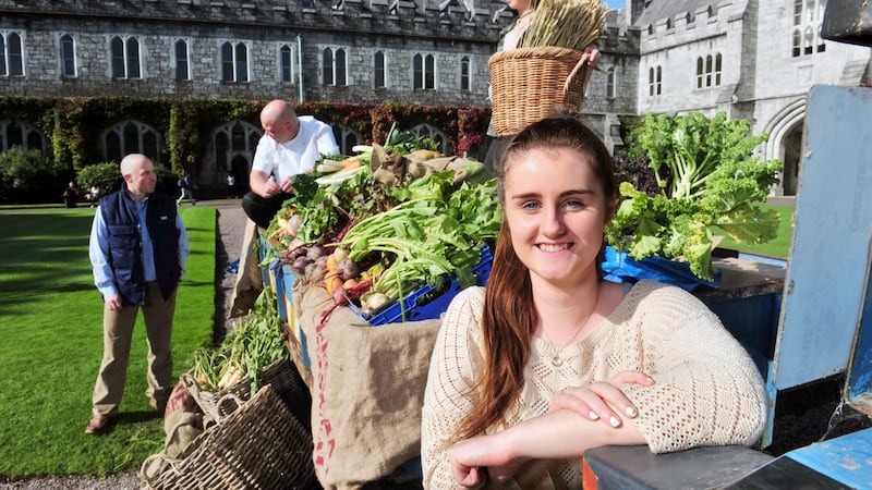 Farmer Trevor Martin, Kylemore Services Group chef Cillian Doherty and UCC students Sarah Farrell and Catriona Kiely at the arrival of the first harvest of vegetables and herbs from the Farm to Fork initiative. Photograph: Daragh McSweeney/Provision