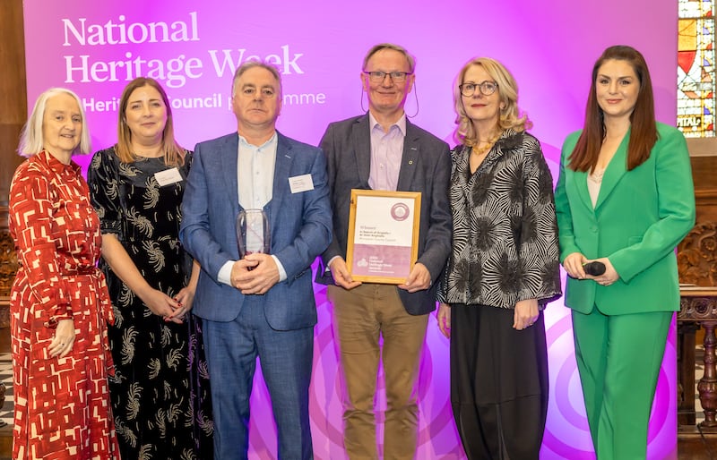 Kara Ward, Deaglan O’Doibhin and Brian MacDomhnaill, representing Monaghan County Council, are presented with the Irish Language Award