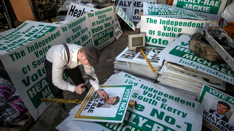 Family business: Michael Healy-Rae’s son Jackie preparing for his father’s election campaign in February. Photograph: Don MacMonagle