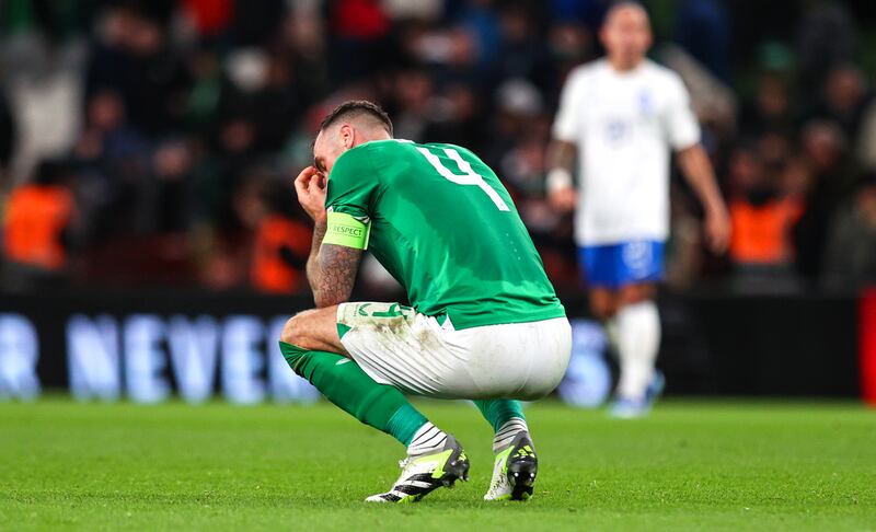 Ireland’s Shane Duffy dejected after the game. Photograph: Ryan Byrne/Inpho 