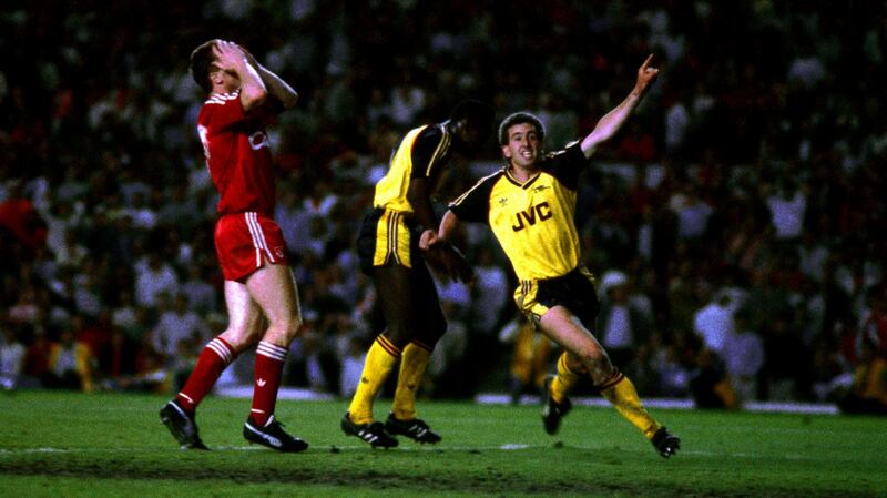 Nigel Winterburn celebrates after Michael Thomas scored Arsenal’s second at Anfield. Photograph: Mark Leech/Getty