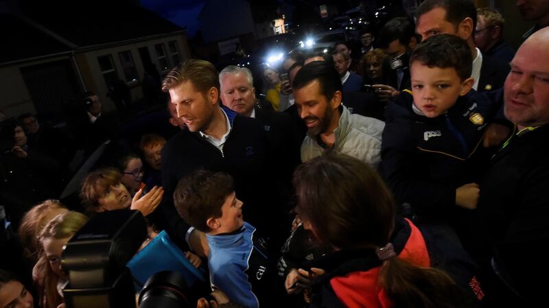 US president Donald Trump’s sons Eric and Donald Trump jnr in Doonbeg village. Photograph: Clodagh Kilcoyne/Reuters