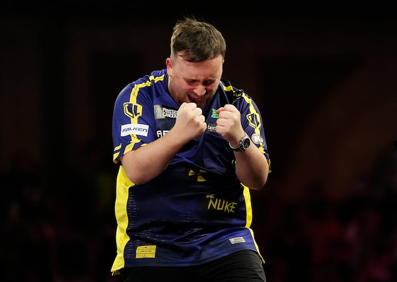 Luke Littler celebrates beating Michael van Gerwen. Photograph: Zac Goodwin/PA