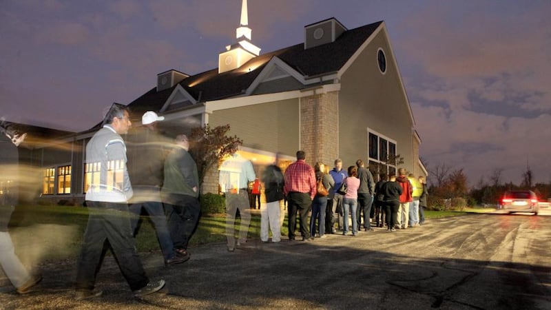 Voters waiting in line for the 2016 US presidential election before the polls opened at the North Cincinnati Community Church in Deerfield Township, Ohio, US. Photograph: Mark Lyons/EPA