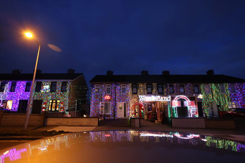 Christmas lights at the home of Dylan Walsh and his neighbours in Finglas, Dublin. Photograph: Dara Mac Dónaill





