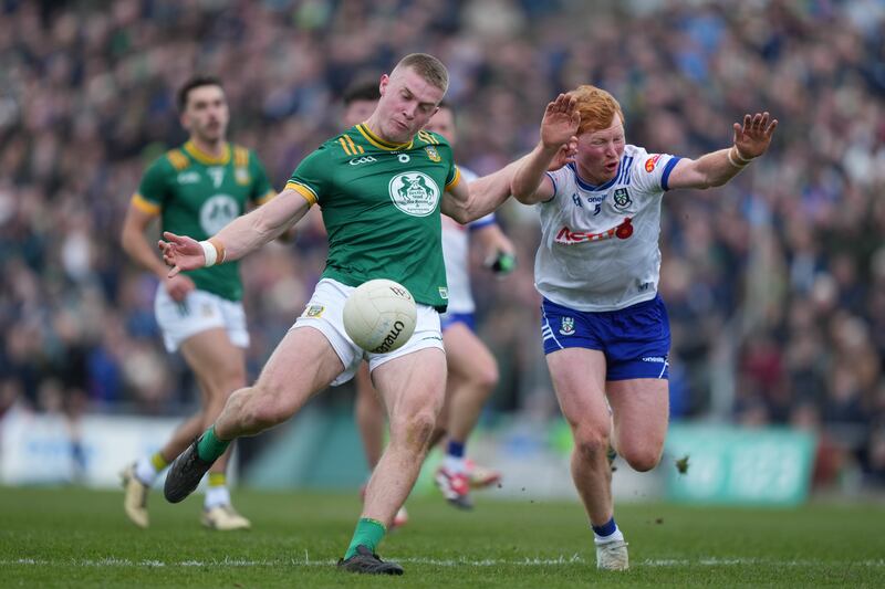 Jack Flynn of Meath in action against Monaghan. Both counties remain in the hunt for promotion from Division Two, with Monaghan top of the table on 10 points. Photograph: James Lawlor/Inpho 