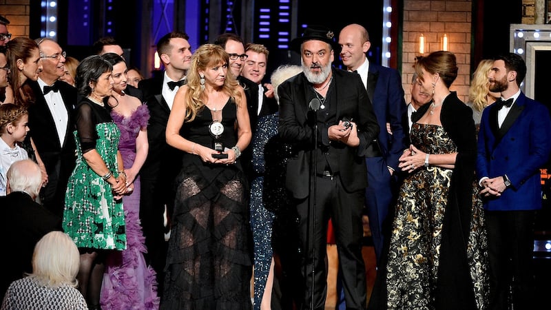 Writer  Jez Butterworth and the cast and crew of The Ferryman accept the award for best play at the 2019 Tony Awards at Radio City Music Hall, New York on Sunday.  Photograph:  Theo Wargo/Getty Images