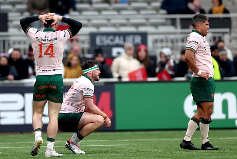 Connacht’s Andrew Smith, Tom Daly and Jarrad Butler dejected after losing to Lyon. Photograph: James Crombie/Inpho