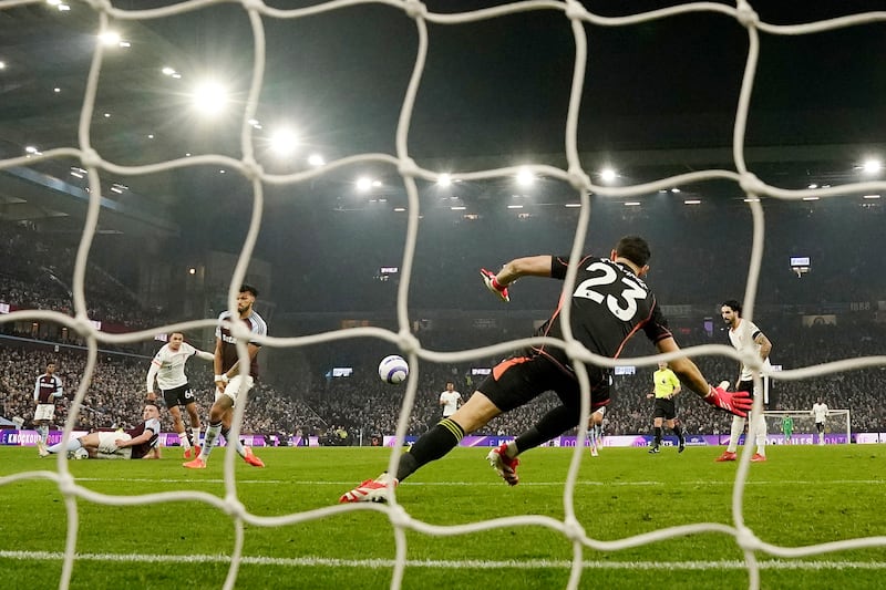 Liverpool's Trent Alexander-Arnold scores his side's second goal of the game during the Premier League match at Villa Park. Photograph: Nick Potts/PA