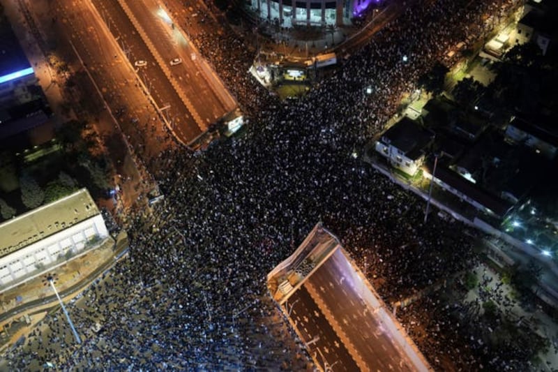 Israeli media estimated that around 100,000 people protested in Tel Aviv. Photograph: AP