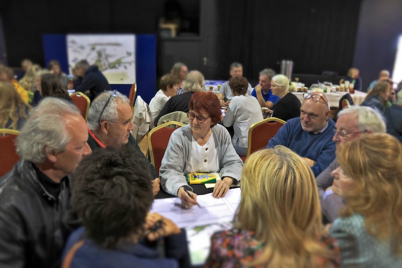 Shelley McNamara and locals from Lisdoonvarna discussing plans for the town in the Pavilion hall. Photograph: Hometown Architect