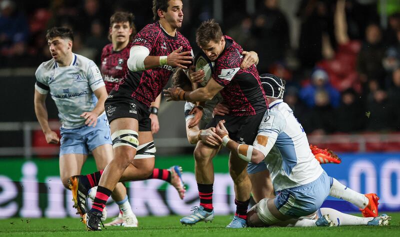 Bristol’s AJ MacGinty tackled by Leinster's James Ryan. Photograph: Billy Stickland/Inpho