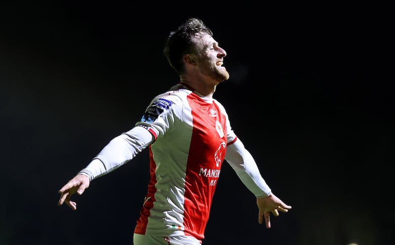 Jay Mcclelland celebrates after scoring St Pat's third goal. Photograph: Bryan Keane/Inpho