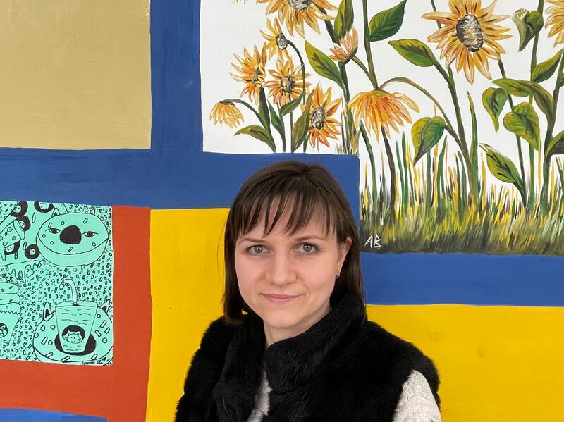 Valeriya Moskalenko, director and English teacher at the school in Motyzhyn outside Kyiv, which has now reopened after being badly damaged during Russia's month-long occupation of the village. Photograph: Daniel McLaughlin