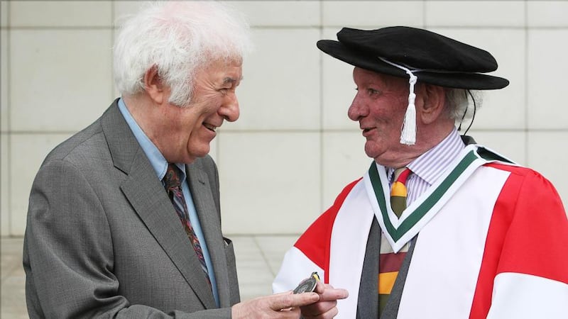 Brian Friel (right) with his University College Dublin Ulysses Medal and Seamus Heaney in 2009. Photograph: Julien Behal/PA