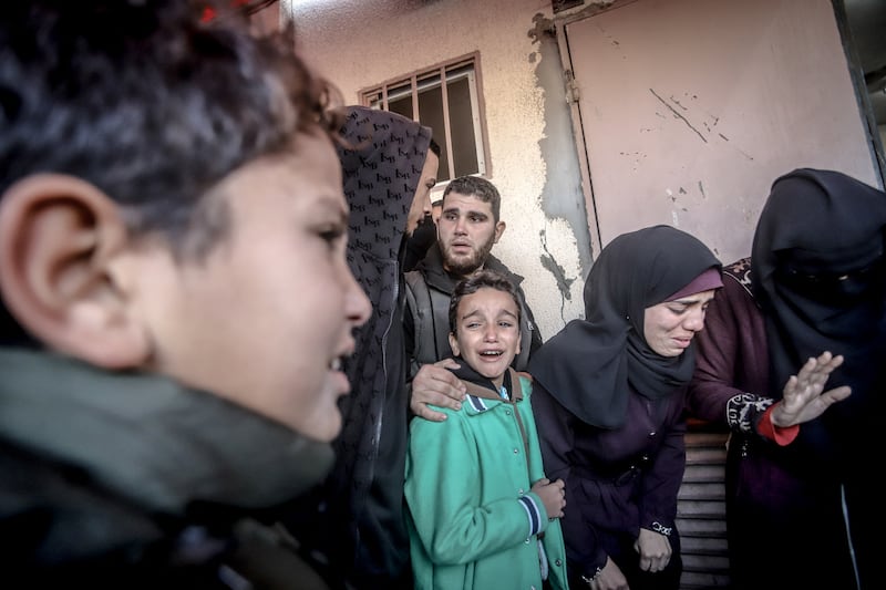 Palestinians attend  the funeral of a victim of the Israeli airstrikes targeting residential areas east of Deir Al-Balah in the central Gaza Strip on Wednesday. Photograh: Saeed Jaras/Middle East Images/AFP via Getty Images