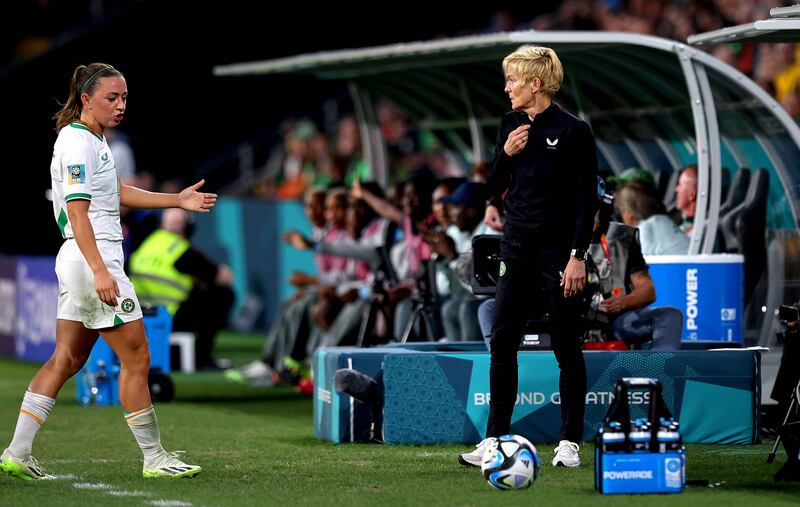 Ireland captain Katie McCabe and then manager Vera Pauw exchange words during their World Cup Group B game against Nigeria at Brisbane Stadium. Photograph: Ryan Byrne/Inpho