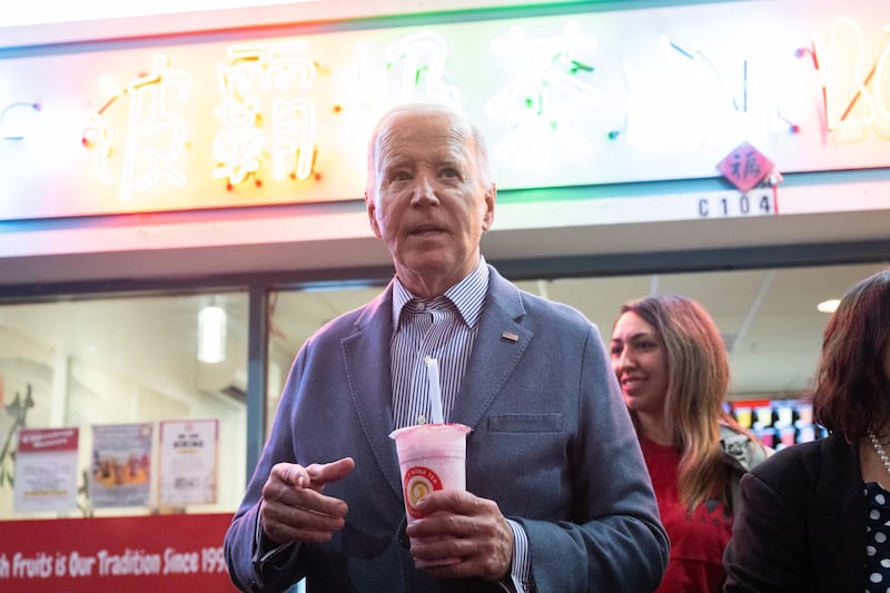 US president Joe Biden speaks with reporters while visiting a boba tea shop in Las Vegas, Nevada on Monday. Photograph: Saul Loeb/AFP via Getty Images