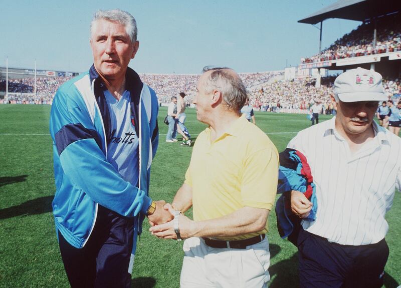 Dublin manager Paddy Cullen and Meath manager Seán Boylan after their teams' Leinster championship replay in 1991. Photograph: James Meehan/Inpho