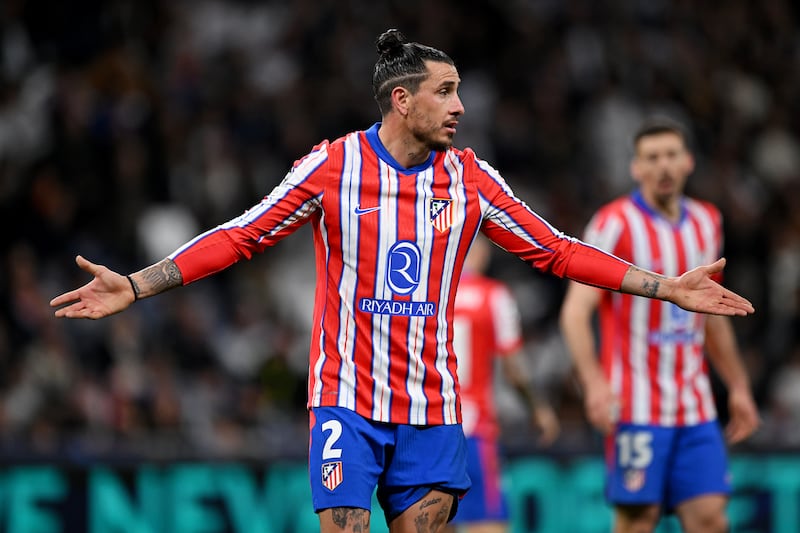 Atlético's Jose Gimenez reacts during the game. Photograph: Denis Doyle/Getty Images