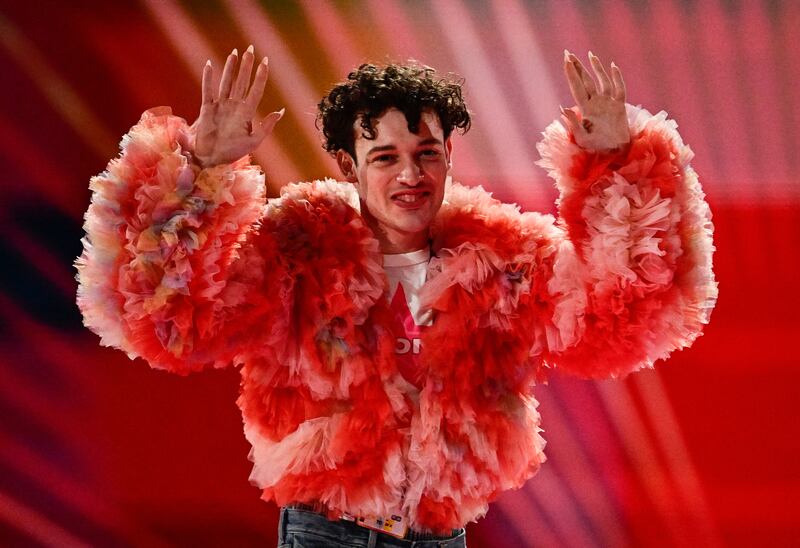 Swiss singer Nemo representing Switzerland with the song The Code waves during the dress-rehearsal on the eve of the final of the 68th Eurovision Song Contest. Photograph: Tobias Schwarz/AFP via Getty